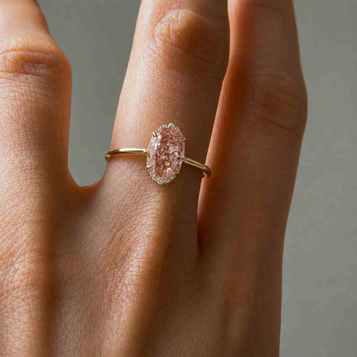 fancy vivid pink oval cut lab grown diamond three stone engagement ring, solid white gold halo wedding ring, vintage promise ring for her