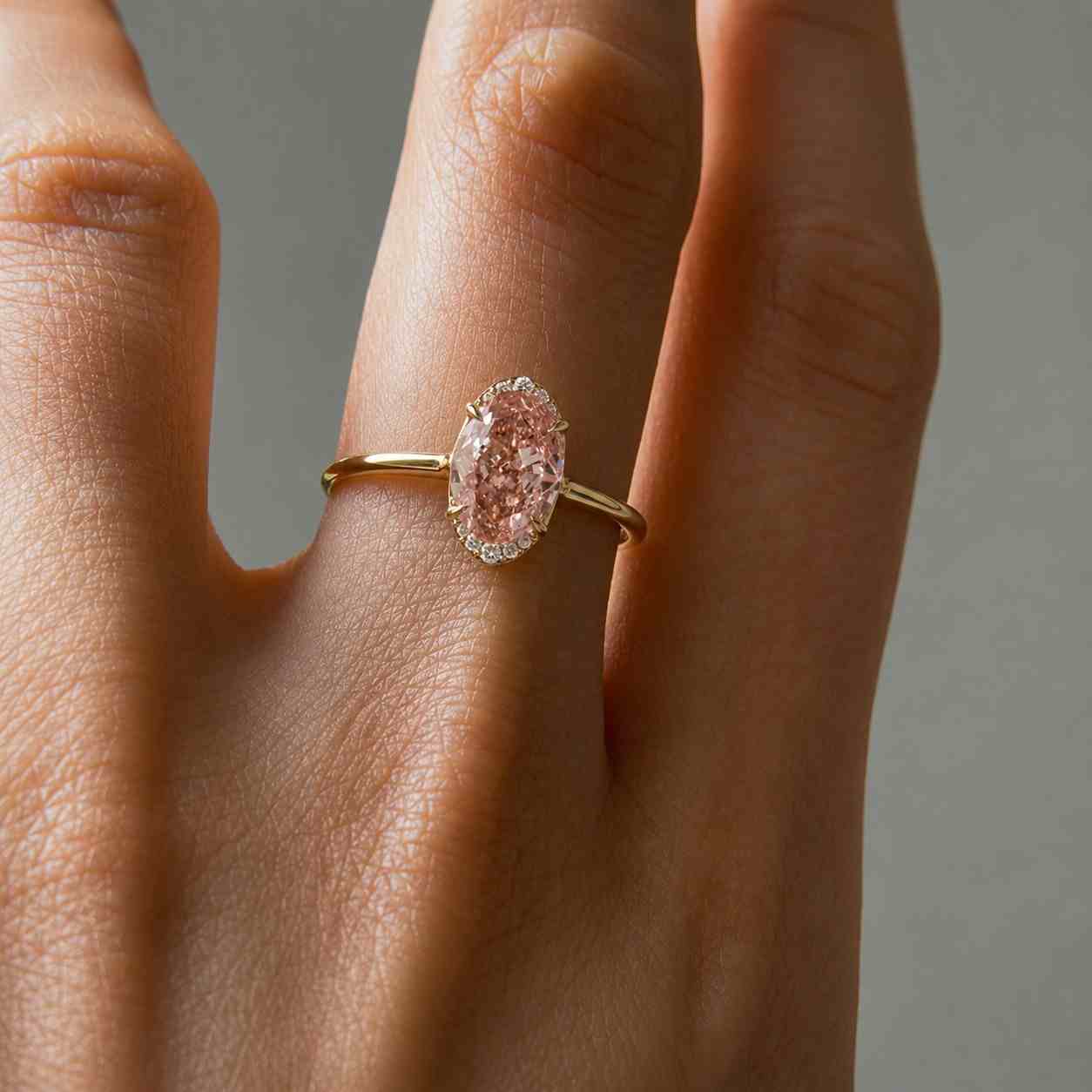 Fancy Vivid Pink Oval Cut Lab Grown Diamond Three Stone Engagement Ring, Solid White Gold Halo Wedding Ring, Vintage Promise Ring For Her