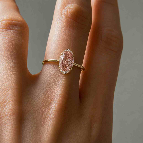 Fancy Vivid Pink Oval Cut Lab Grown Diamond Three Stone Engagement Ring, Solid White Gold Halo Wedding Ring, Vintage Promise Ring For Her