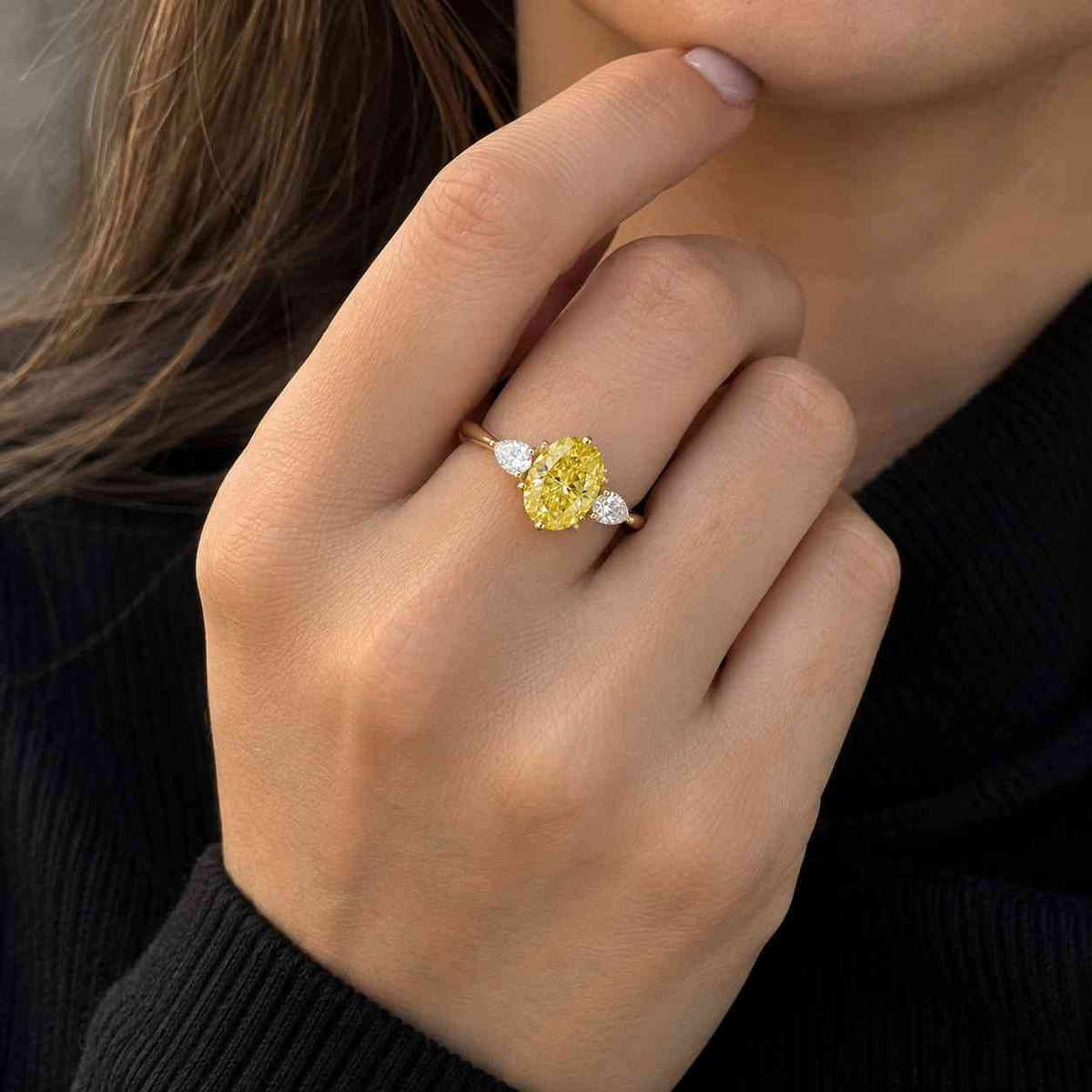 Fancy Yellow Lab Diamond Ring Intense Yellow Oval Cut Diamond 3 Stone Engagement Ring Wedding Ring Anniversary Gift Side Halfmoon Diamond