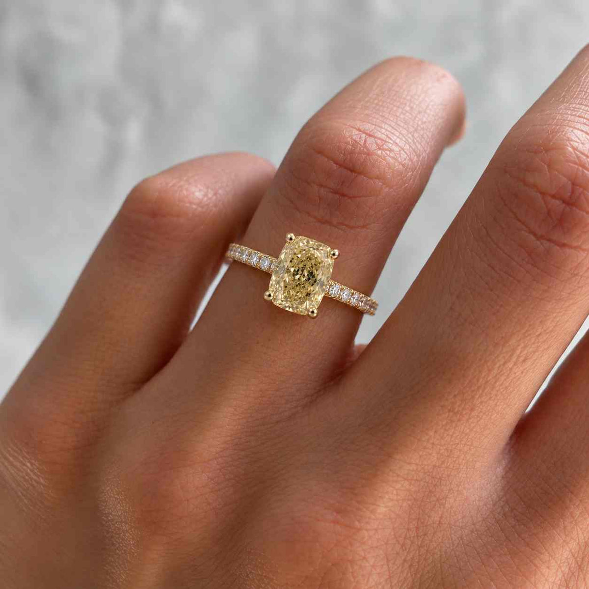 fancy yellow lab grown diamond ring, round lab grown diamond wedding ring, 14k gold pave set engagement ring, tulip set ring, unique ring.
