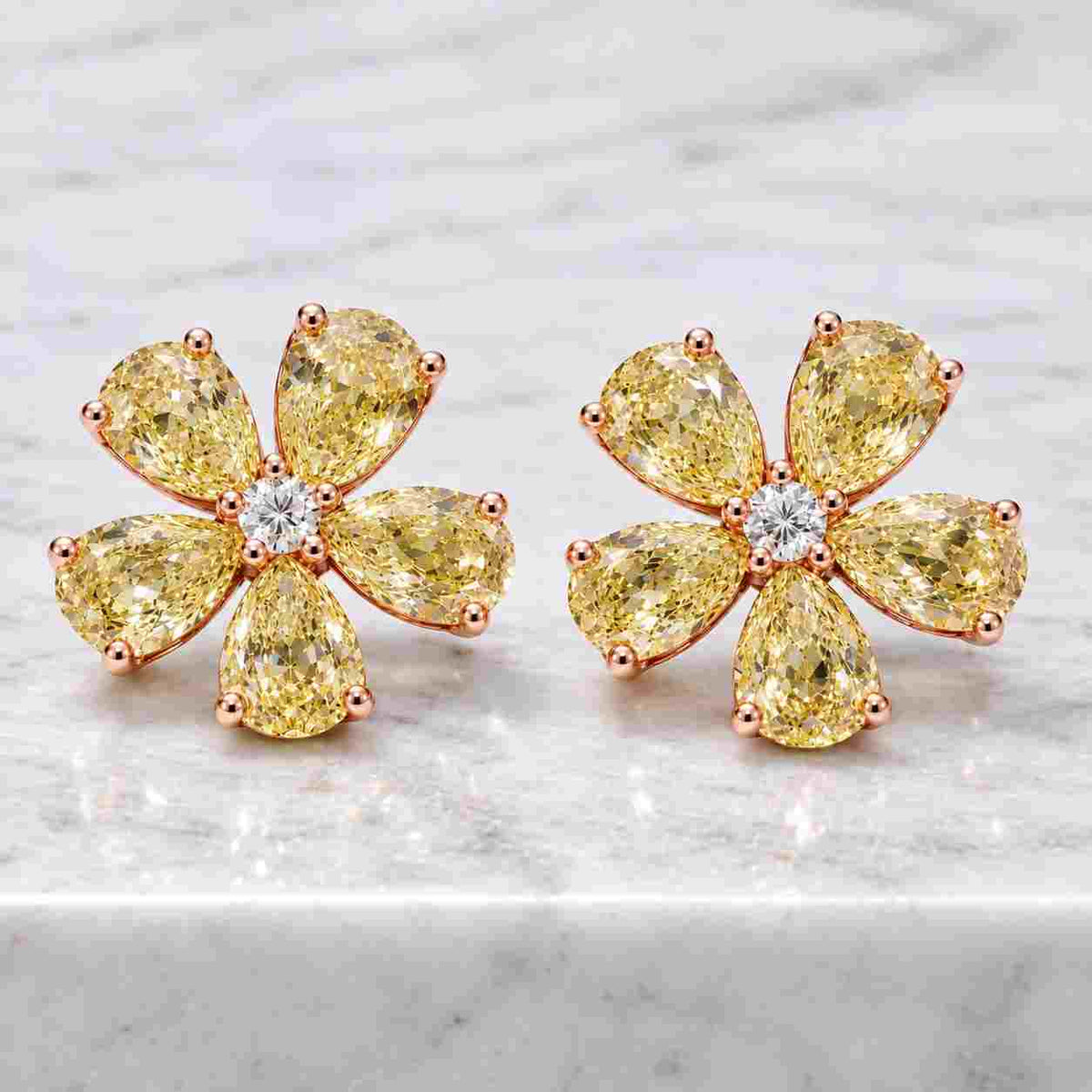 Fancy Yellow Moissanite Flower Stud Earrings, Pear Cut Floral Diamond Earrings, 925 Sterling Silver
