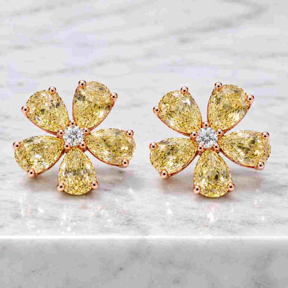 Fancy Yellow Moissanite Flower Stud Earrings, Pear Cut Floral Diamond Earrings, 925 Sterling Silver
