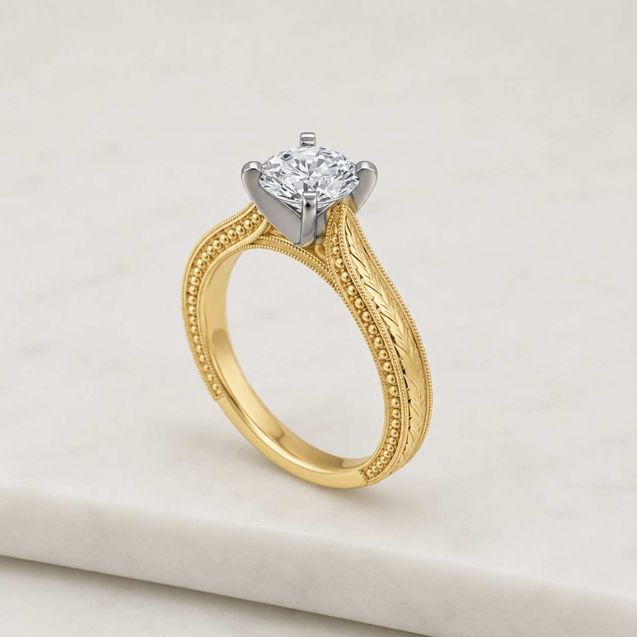 filigree vintage engraved band, round cut lab grown diamond engagement ring, 14k rose gold solitaire ring, antique style engagement ring
