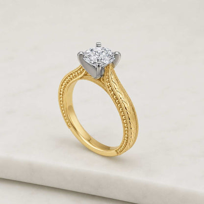 Filigree Vintage Engraved Band, Round Cut Lab Grown Diamond Engagement Ring, 14K Rose Gold Solitaire Ring, Antique Style Engagement Ring