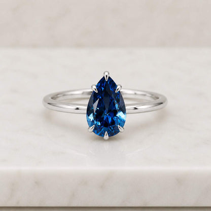 Firework Cut Blue Sapphire Engagement Ring Pear Shaped 14k Gold Ring Natural Diamond Art Deco Bridal Ring Unique September Birthstone Ring
