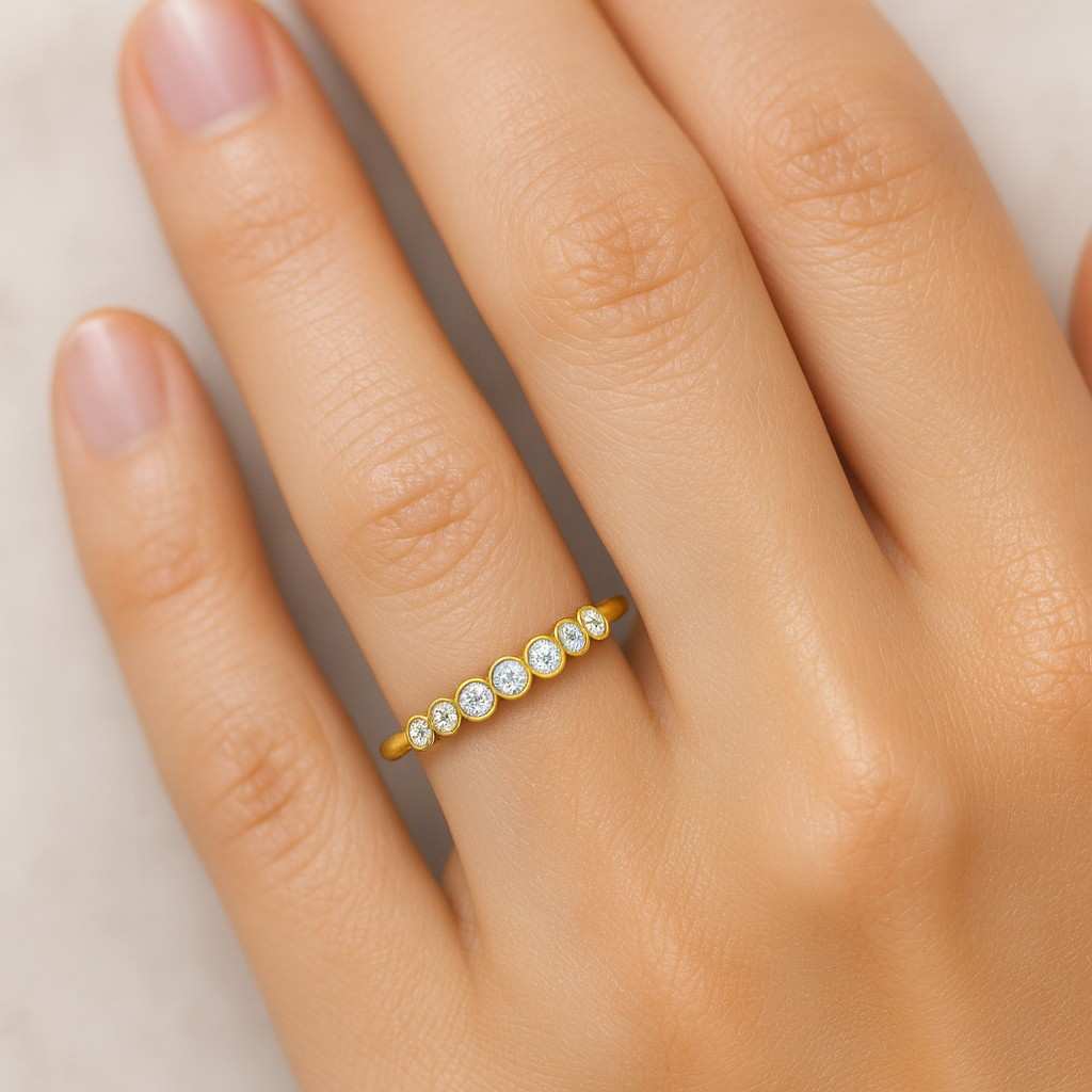 five stone bezel set half eternity wedding band delicate engagement ring round cut moissanite engagement ring