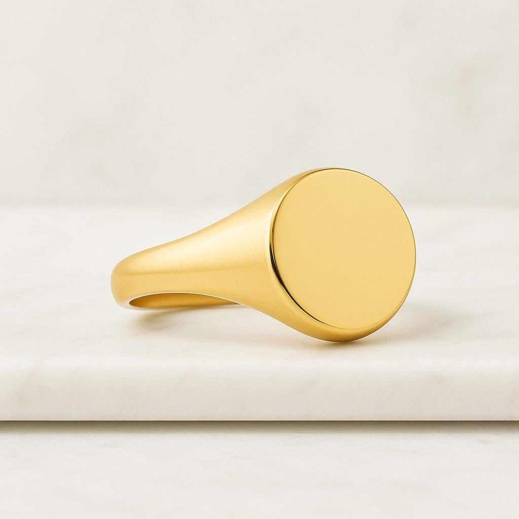 Flat Rectangle Signet Diamond Ring Round Cut Offset Wedding Ring 18k Yellow Gold Engagement Ring