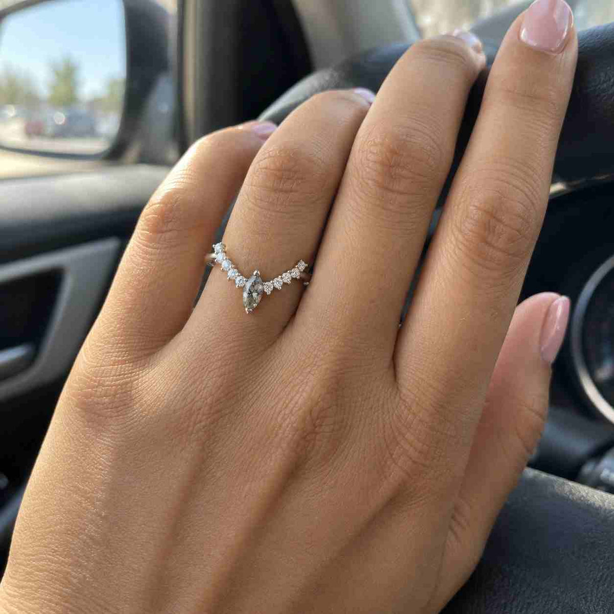 floating kite salt pepper diamond chevron ring, 14k rose gold curved contour stacker