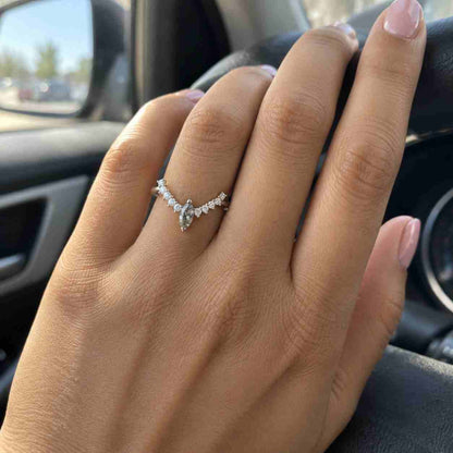 Floating Kite Salt Pepper Diamond Chevron Ring, 14k Rose Gold Curved Contour Stacker