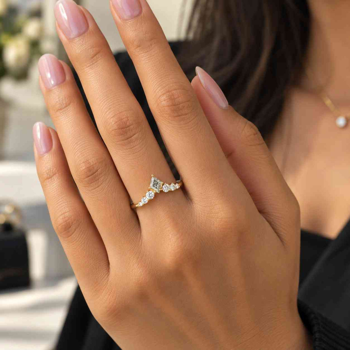 Floating Kite Salt Pepper Diamond Chevron Ring, 14k Rose Gold Curved Contour Stacker