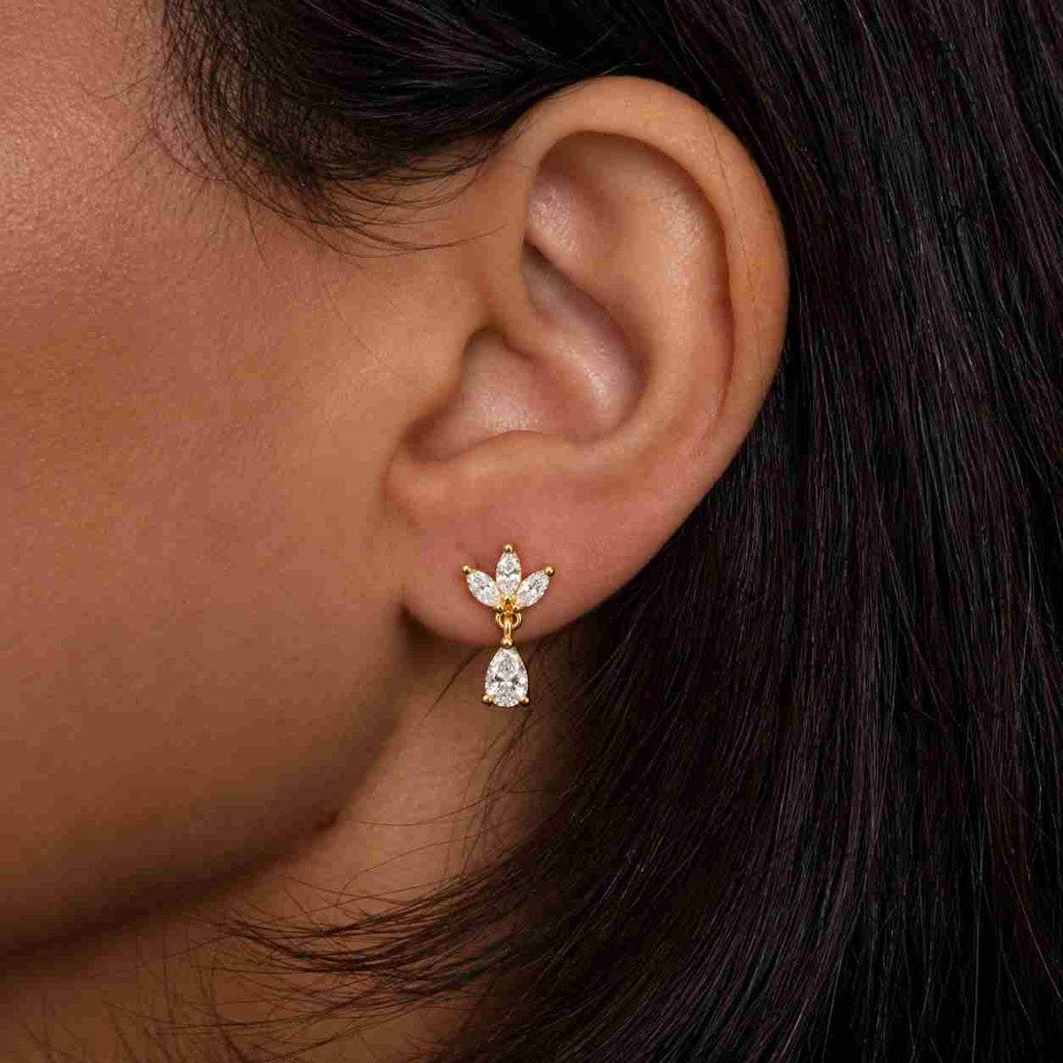 Floral Lab Grown Diamond Drop Earrings, Pear & Marquise Flower Earrings, Gold Bridal Wedding Jewelry, Luxury Gift for Her
