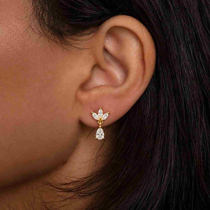Floral Lab Grown Diamond Drop Earrings, Pear & Marquise Flower Earrings, Gold Bridal Wedding Jewelry, Luxury Gift for Her
