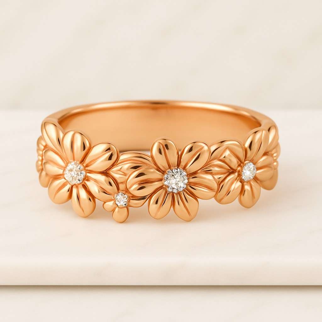 Round Cut Natural Diamond Flower Ring Prong Set Yellow Gold Cluster Diamond Ring Handcrafted 3 Flower Engagement Ring