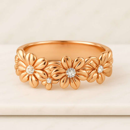 Round Cut Natural Diamond Flower Ring Prong Set Yellow Gold Cluster Diamond Ring Handcrafted 3 Flower Engagement Ring