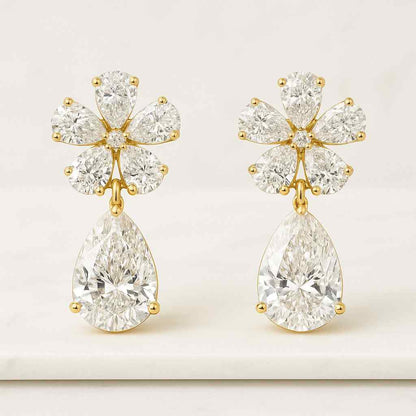 Flower Shape Pear Cut Lab Grown Diamond Stud Earrings with Round Center Stone