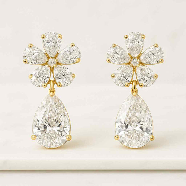 Flower Shape Pear Cut Lab Grown Diamond Stud Earrings with Round Center Stone