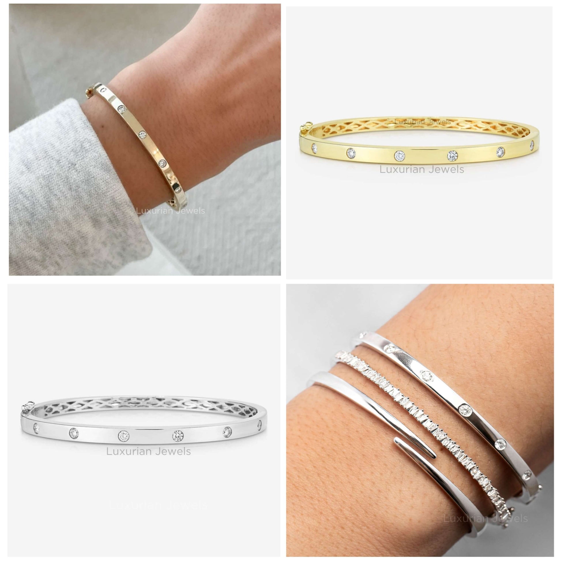 Flush Setting Bangle Bracelet, Round Lab Grown Diamond Wedding Bracelet,