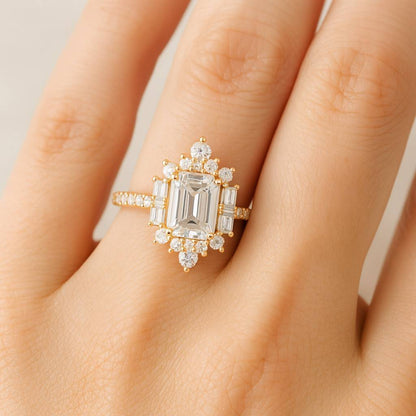 Yellow Gold Moissanite Emerald Cut Stone Wedding Band  Wedding Jewelry For Brides Emerald and Round Diamond Eternity Wedding Band, Lab Grown Diamond Band Matching Stackable Band Anniversary Ring for Women Gift For Her