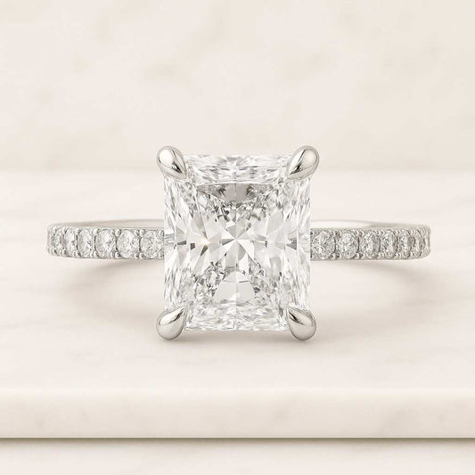 2.5 Carat E color VVS2 Clarity IGI CERTIFIED Elongated Radiant Cut Lab Grown Diamond Stylish Halo Design Engagement Ring