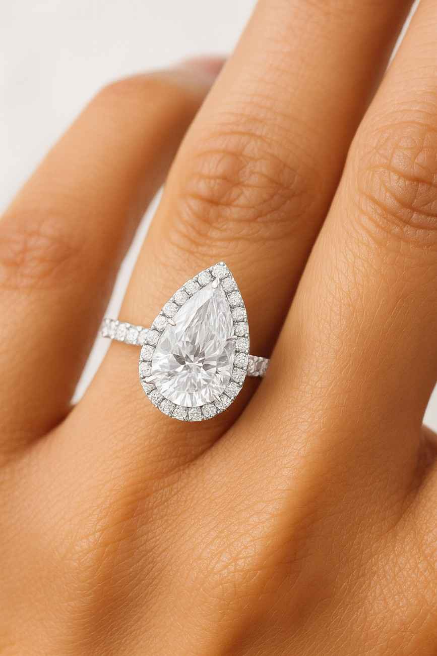 Genuine Lab Grown Diamodn Anniversary Ring  Pear Cut Halo Lab Grown Diamond Engagement Ring