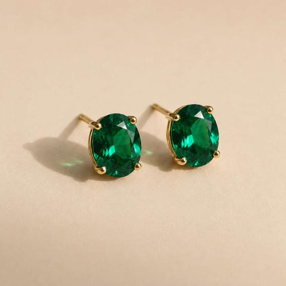 Genuine Natural Emerald Oval Solitaire 6 x 8 mm Silver Stud Earrings
