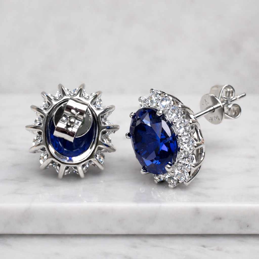 genuine sapphire stud earrings 14k gold vermeil, real lab blue sapphire oval gemstone jewellery, anniversary birthday gifts for her
