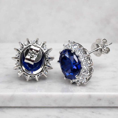 Genuine Sapphire Stud Earrings 14K Gold Vermeil, Real Lab Blue Sapphire Oval Gemstone Jewellery, Anniversary Birthday Gifts for Her
