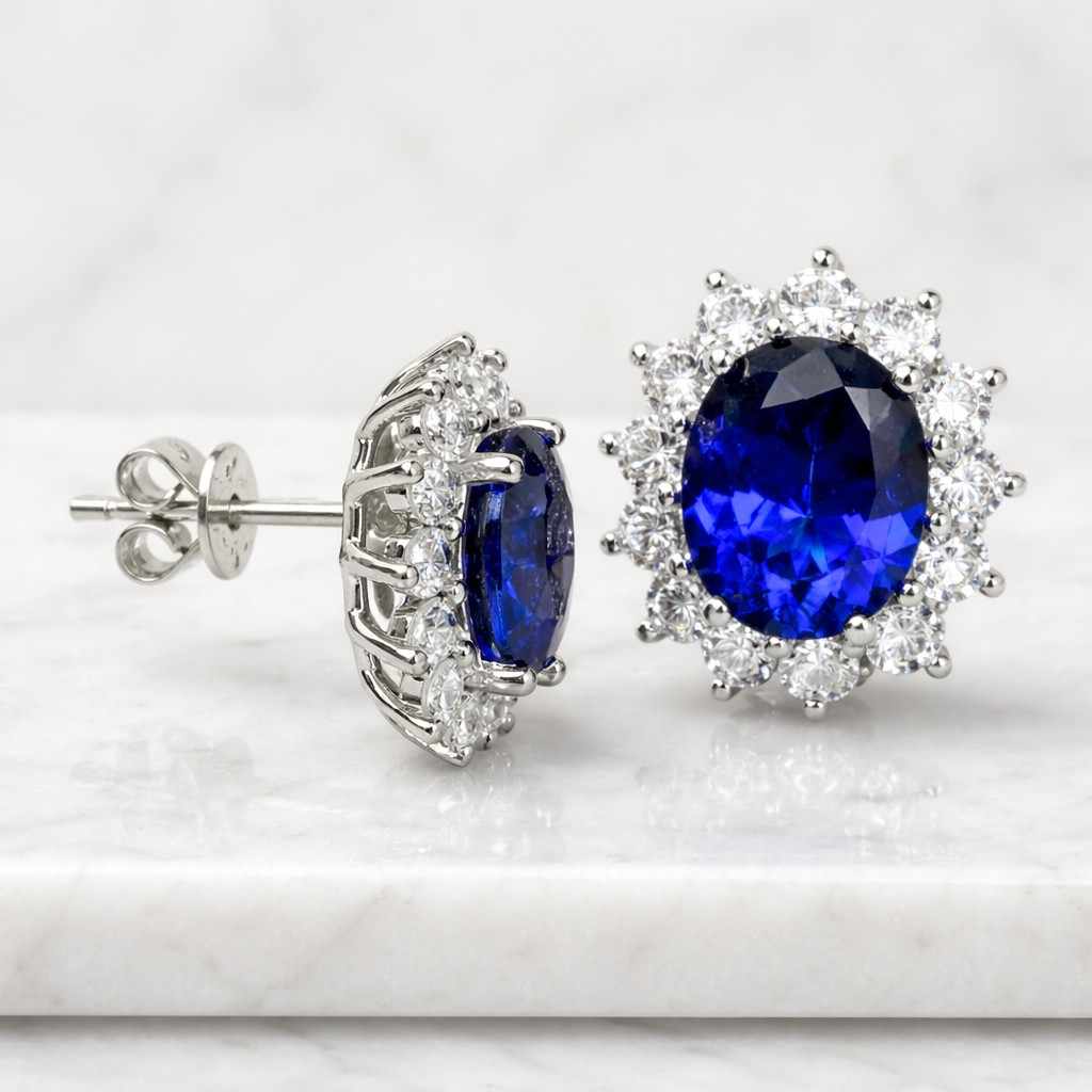 genuine lab grown royal blue sapphire stud earrings, halo sapphire earrings, blue bridal earrings, oval sapphire earrings, cluster earrings
