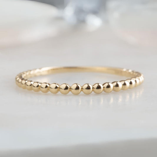 Gold Ball Ring 14k Solid Gold Wedding Band, Half Diamond Half Plain Band