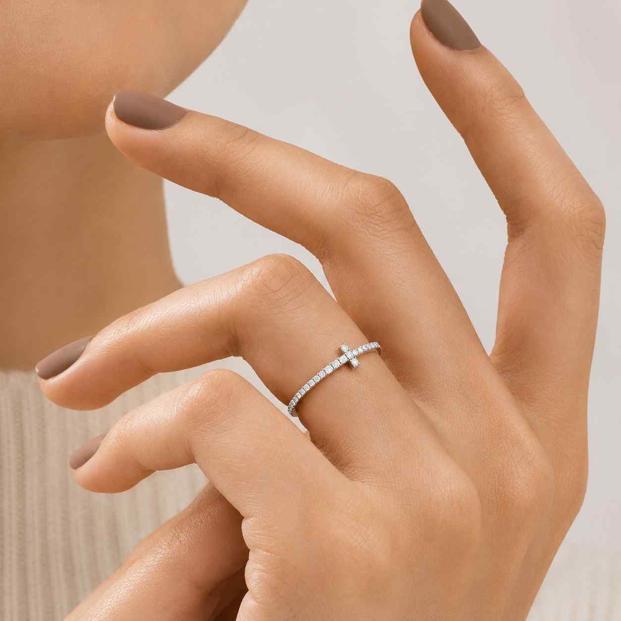 lab grown diamond cross ring | gold sideways charm