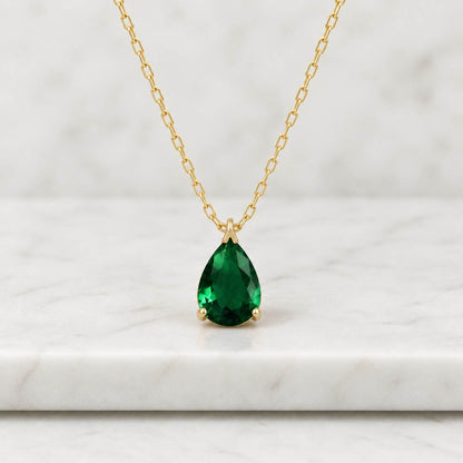 14Kt Gold Emerald Necklace, Emerald Teardrop Necklace, Lab Grown Diamond Emerald Pendant, May Birthstone Necklace, Emerald Gold Necklace
