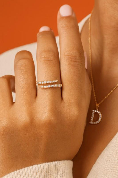 Gold Emerald Stacking Ring Baguette and Round Cut May Birthstone Jewelry for Women