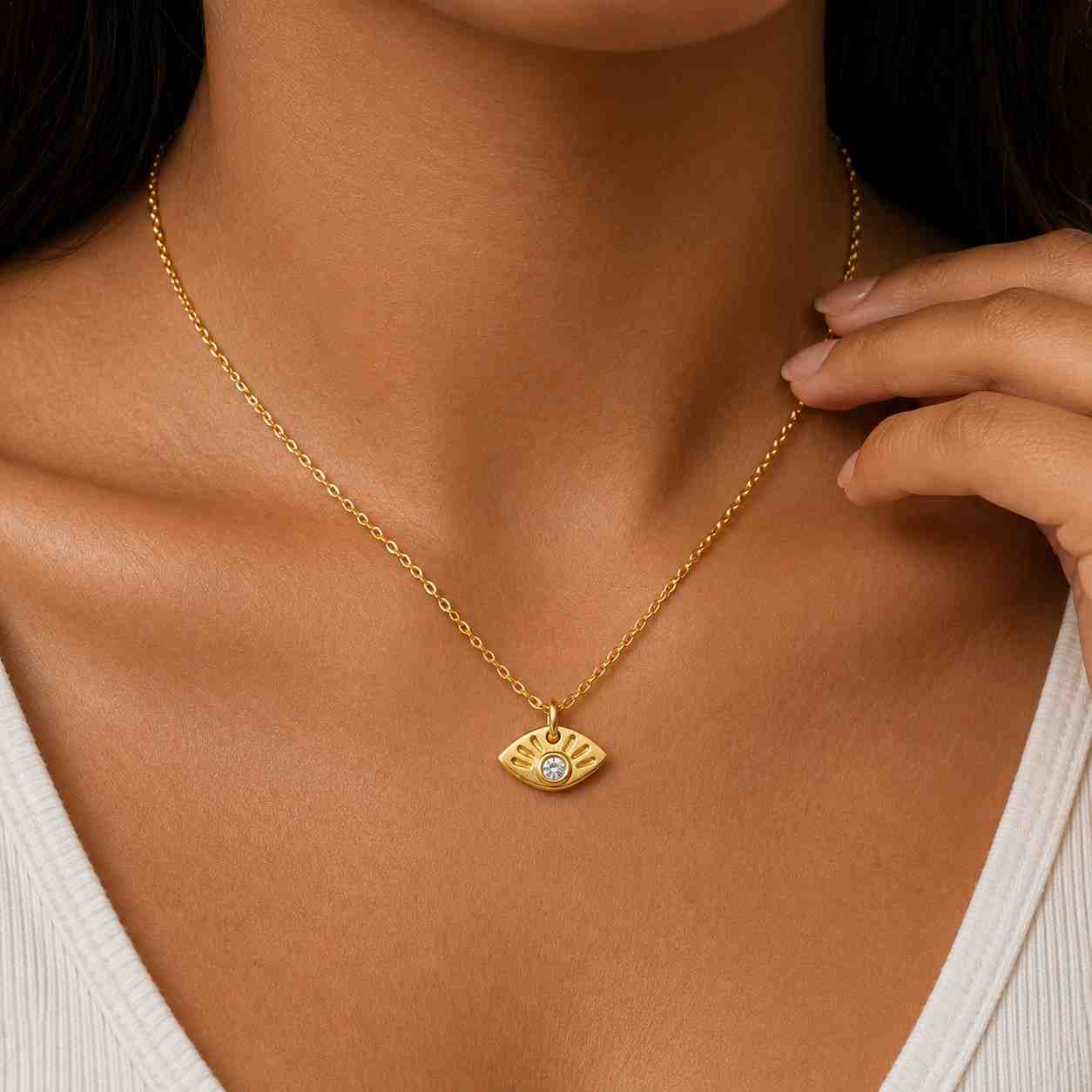 Gold Evil Eye Necklace, 925 Sterling Silver Dainty Protection Charm, Minimalist Zircon Jewelry
