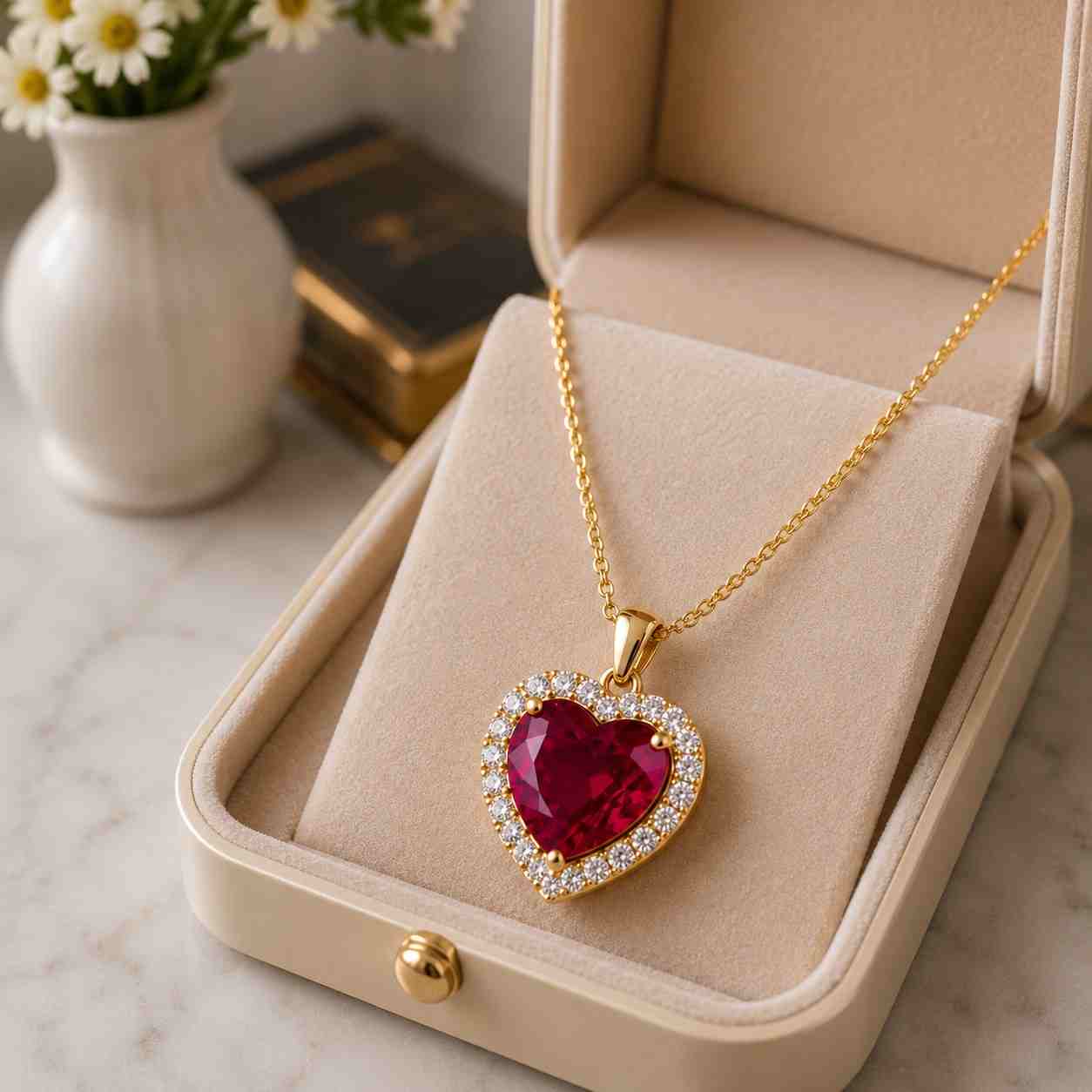 gold halo heart pendant with white moissanite, romantic jewelry gift for her, valentine’s day necklace