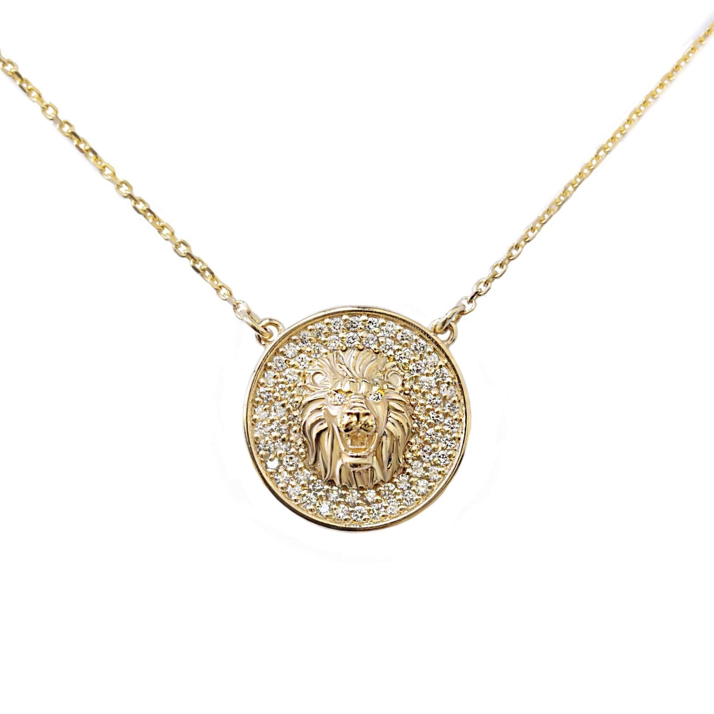 Gold Lion Pave Diamond Pendant Necklace, Lion Astrology Sign Coin Charm, Zodiac Symbol, Animal Diamond Pendant