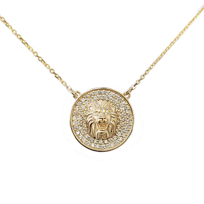 Gold Lion Pave Diamond Pendant Necklace, Lion Astrology Sign Coin Charm, Zodiac Symbol, Animal Diamond Pendant