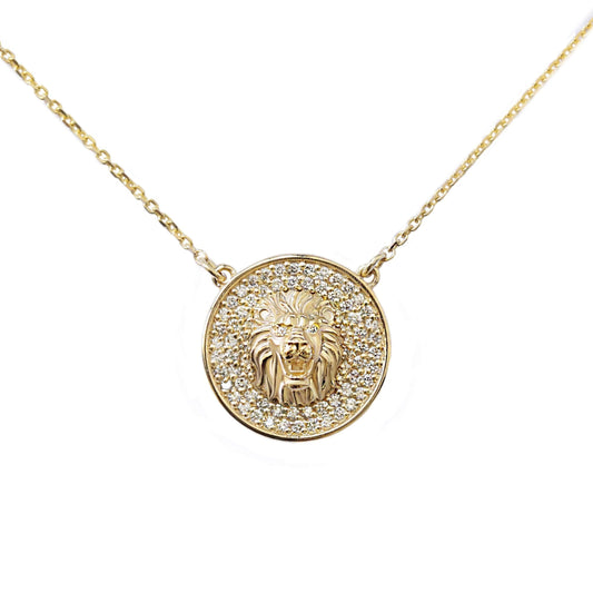 Gold Lion Pave Diamond Pendant Necklace, Lion Astrology Sign Coin Charm, Zodiac Symbol, Animal Diamond Pendant