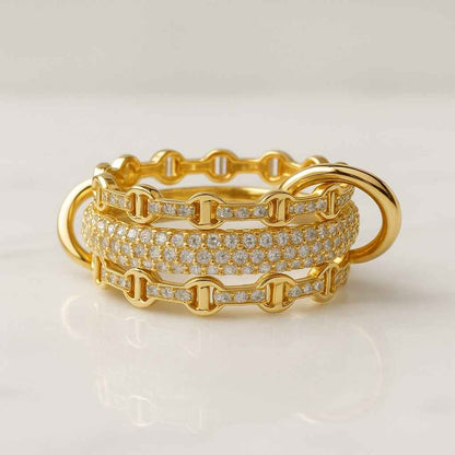 14K Gold Multi Link Connected Ring Stackable Band Eternity Statement Ring Gold Interlocking Zircon Ring