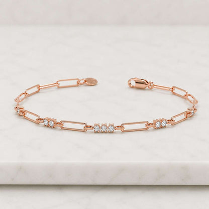 Gold Paperclip Diamond Bracelet, 10K 14k 18k Solid Gold, Elegant Link Bracelet, Paperclip Stacking Bracelet, Minimalist Bracelet, Pave set