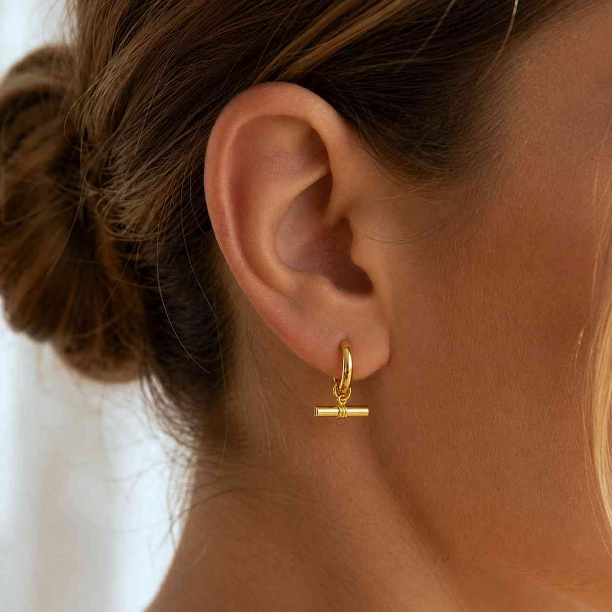 Gold T-Bar Huggie Earrings, Toggle Drop Charm Hoops, Chunky Dangle Earrings, Minimalist Statement, Birthday Gift Her, Everyday Gold Earrings