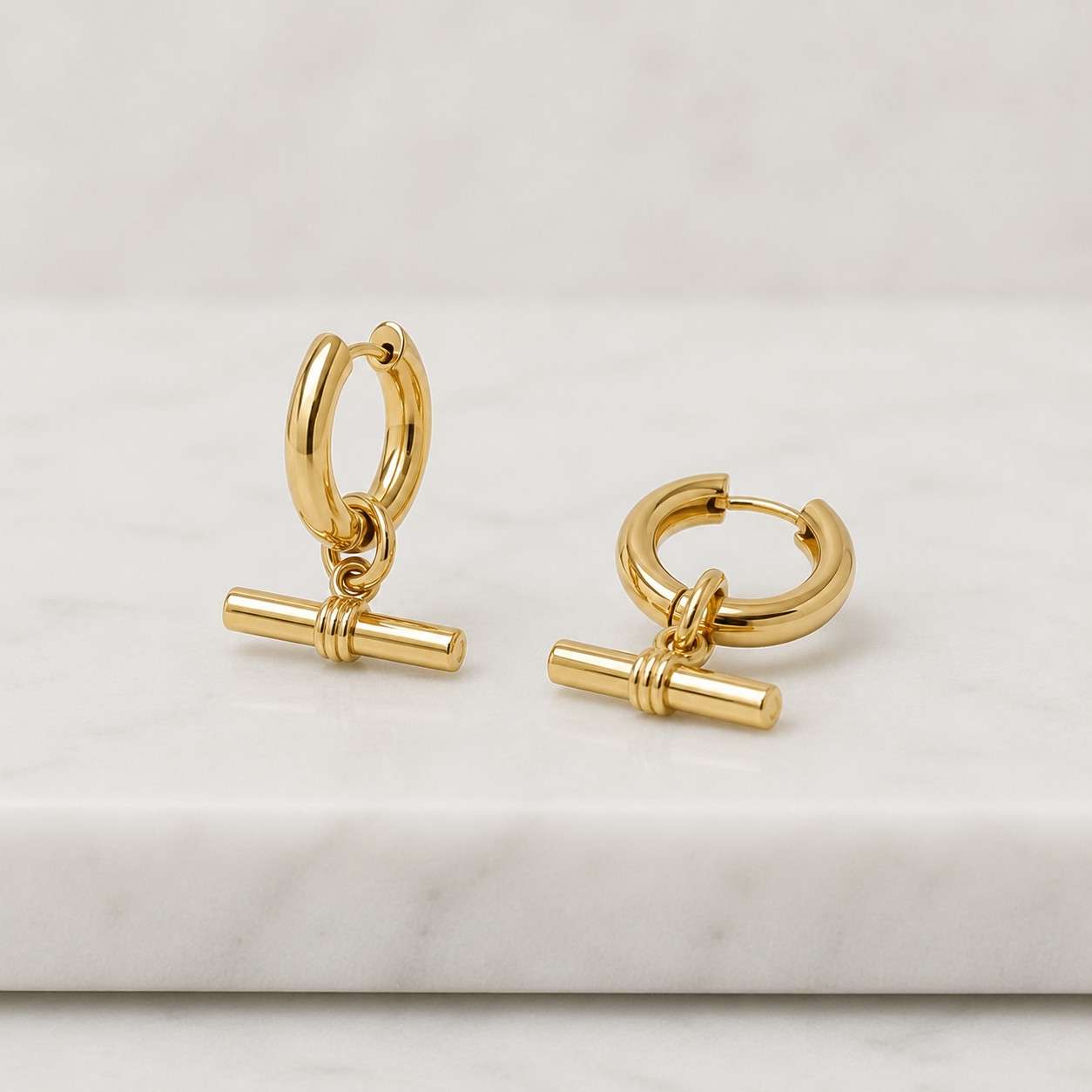 Gold T Bar Drop Earrings | 18k Gold PVD Stainless Steel Hoops | Minimalist Waterproof Earrings | Modern Everyday Jewellery | Gift for Her