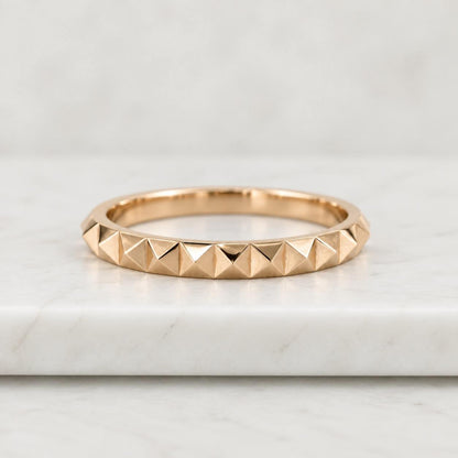 14k Solid Gold Vintage Patterned Band Ring, Modern Stackable Polygon, Geometric Faceted Ring, Wedding Band, Facet Statement Ring for Women
