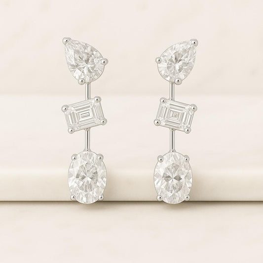 Gorgeous Moissanite Dangle Drop Earring color Sterling Silver and Platinum Group Metal Multi Layer Plating