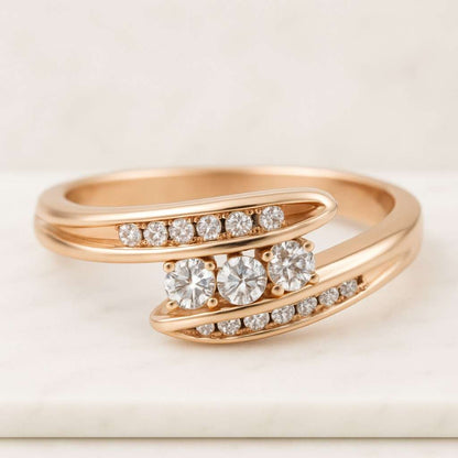 Graduated Diamond Bypass Ring Round Moissanite Diamond Ring Womans Unique Engagement Ring, Wedding Proposal Ring 10k 14K 18K Gold Ring