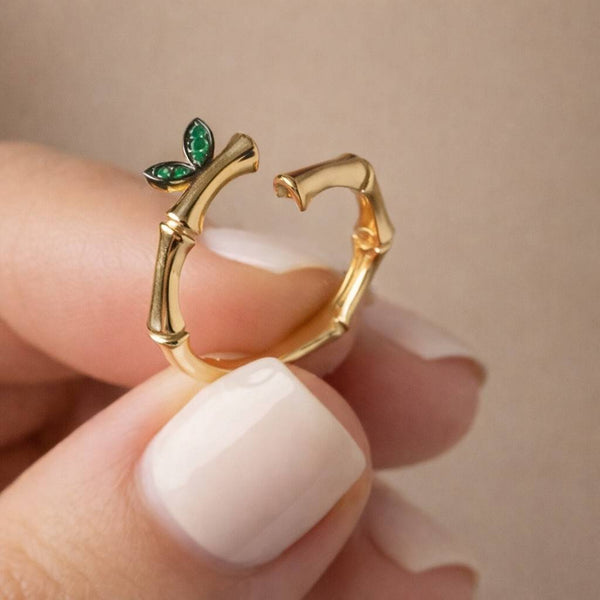 14K Gold Emerald Leaf Bamboo Open Ring Adjustable Ring