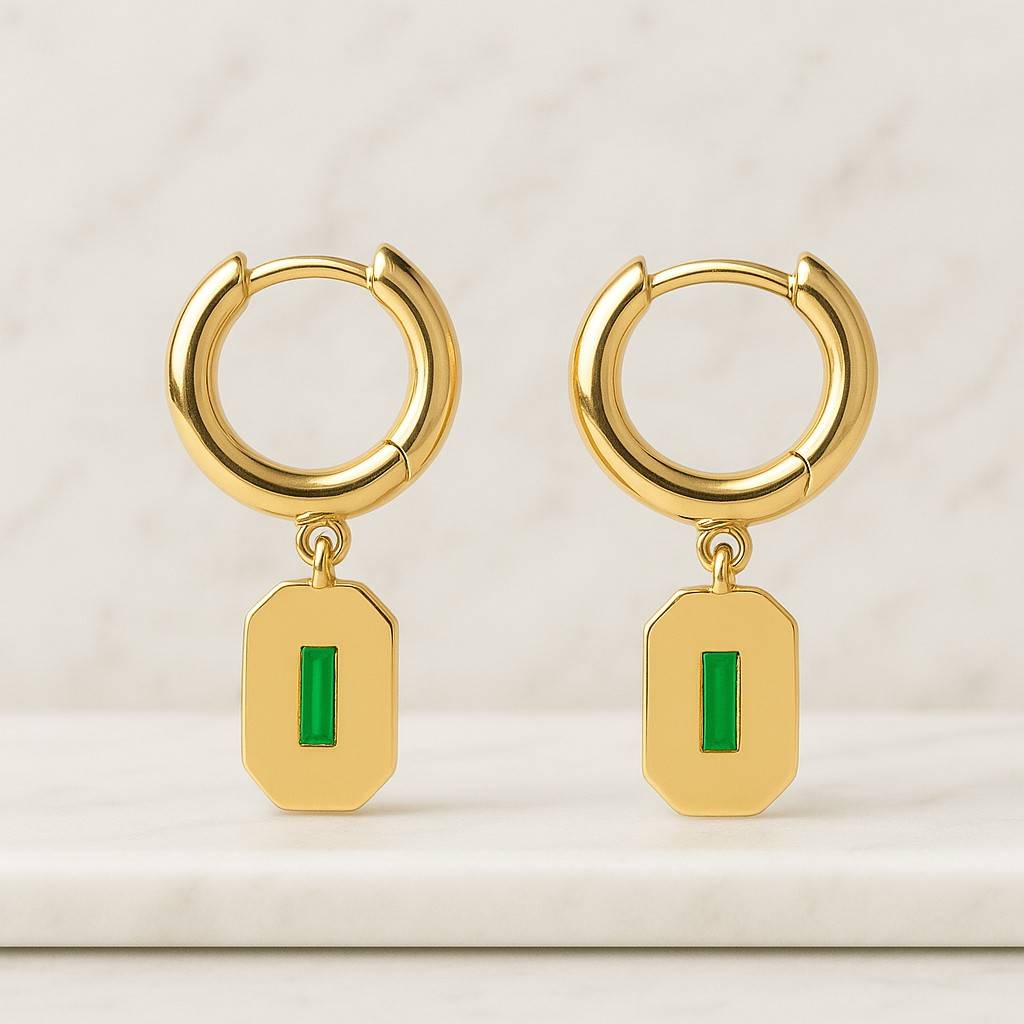 Green Natural Stone Gold Zirconia Earring Set Elegant Emerald Studs Huggie Hoops For Women Perfect Gift For Daily Or Formal Wear