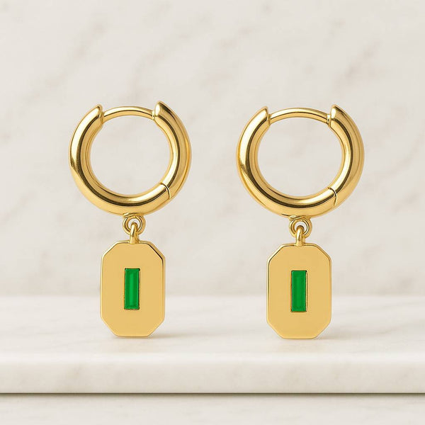 Green Natural Stone Gold Zirconia Earring Set Elegant Emerald Studs Huggie Hoops For Women Perfect Gift For Daily Or Formal Wear