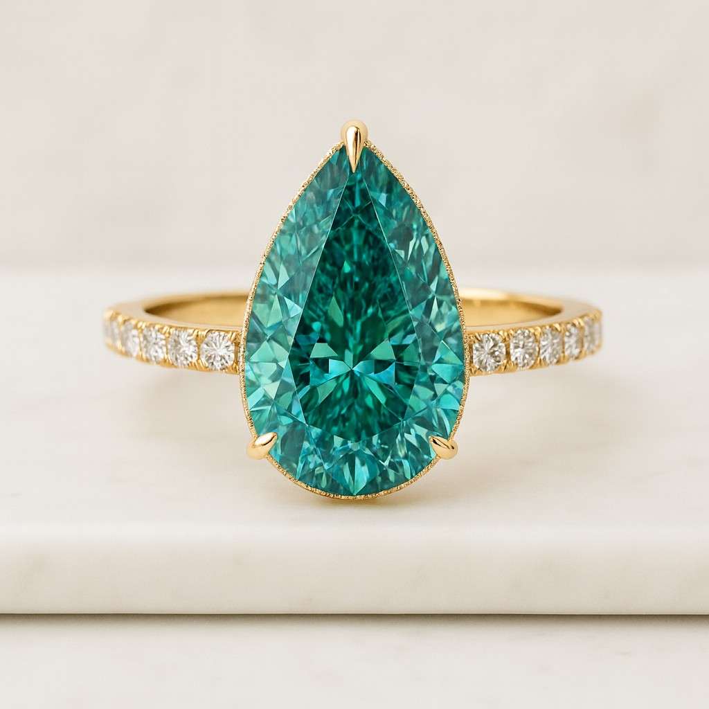 Green Pear Cut Engagement Ring Halo Moissanite Diamond Ring Half Eternity Solitaire Wedding Ring Pave Band Teardrop Bridal Ring Gift