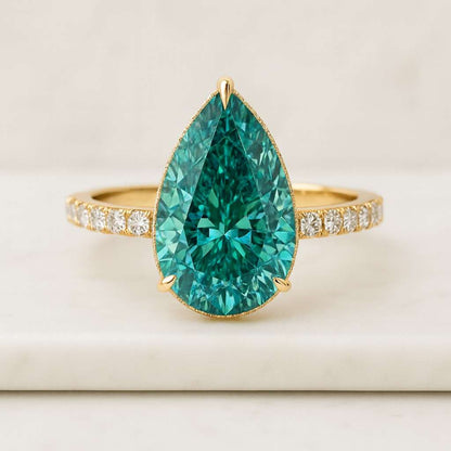 Green Pear Cut Engagement Ring Halo Moissanite Diamond Ring Half Eternity Solitaire Wedding Ring Pave Band Teardrop Bridal Ring Gift